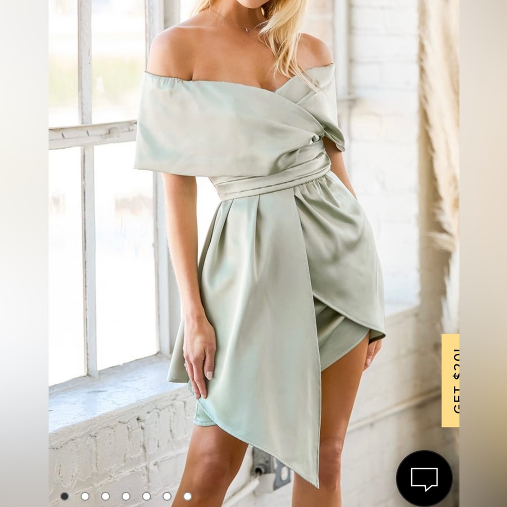 lulus Always Celebrating Sage Green Satin Off-the-Shoulder Mini Dress